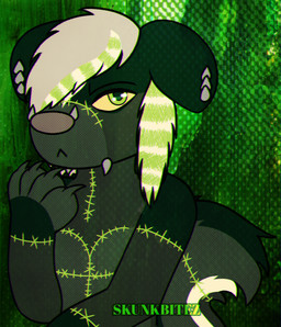 :< ambiguous_gender anthro claws countershading ear_piercing facial_piercing glistening glistening_eyes green_background paws piercing simple_background solo stitch_(sewing) text textured_background skunkbitez grudge_(skunkbitez) canid canine canis domestic_dog hybrid mammal mephitid skunk undead zombie 2026 english_text half-length_portrait hi_res portrait watermark