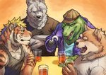 beverage blue_eyes clothed clothing container cup fur green_body green_scales grey_body grey_fur group hat headgear headwear hook male mohawk orange_body orange_fur scales scar tan_body tan_fur teeth yellow_eyes emboss0320 ramen_wolf_and_curry_tiger jiro_mita kagetora_yanagi key_(mysticspacewolf) wallace_(mysticspacewolf) canid canine canis crocodile crocodilian felid mammal pantherine reptile scalie tiger wolf