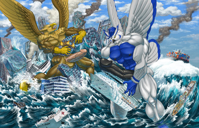 5_fingers abs anthro balls beak biceps biped brown_body brown_fur building building_destruction building_penetrated building_sex city city_background city_crushing city_destruction cityscape claws crush destruction duo erection feathered_wings feathers finger_claws fingers fur genitals house humanoid_genitalia humanoid_penis landscape_dwarfing macro macro_anthro macro_male male muscular muscular_anthro muscular_male nude open_mouth outside pecs penile penis rampage sea ship sky smile tail vehicle vehicle_destruction vehicle_penetrated vein veiny_penis water watercraft white_body wings kain3 mythology carpo sova avian bird gryphon mythological_avian mythological_creature owl hi_res