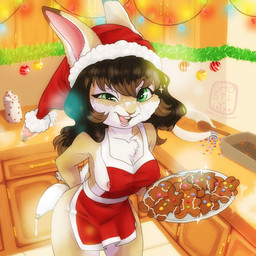 anthro apron apron_only baking bodily_fluids christmas_clothing christmas_headwear clothing cookie cooking cozy cum cum_on_face female festive food frosting fur genital_fluids green_eyes headgear headwear highlights_(coloring) holidays kitchen nipple_slip solo tan_body tan_fur ghostlycream christmas honeybunny lagomorph mammal absurd_res hi_res