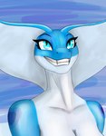 absurd_res alex_artist anthro argo_(kalivero) blue_body blue_eyes breasts clenched_teeth cobra digital_media_(artwork) female female_anthro front_view hi_res looking_up non-mammal_breasts nude reptile scalie showing_teeth simple_background smile snake snake_hood solo teeth white_body