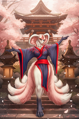 8_tails anthro biped black_clothing black_dress breasts cherry_blossom cherry_blossom_tree cherry_tree clothing dress female female_anthro flower fluffy fruit_tree heterochromia lamp lantern markings multi_tail non-mammal_breasts ornament petals pink_body plant pose prunus_(flower) raised_hands red_markings snake_hood tail temple tree walking white_body dead.akira deity reptile scalie snake 2:3