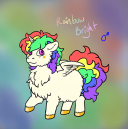 1_horn :3 ambiguous_gender closed_smile feral fur hair hooves horn looking_up markings monotone_body monotone_fur mouth_closed multicolored_hair multicolored_tail pink_eyes quadruped rainbow rainbow_background rainbow_hair rainbow_tail rainbow_text simple_background smile solo spiral_horn standing star_(marking) tail text three-quarter_view white_body white_fur white_horn white_wings wings yellow_hooves fluffychimera fluffy_pony mythology equid equine fluffy_pony_(species) mammal mythological_creature mythological_equine winged_unicorn character_name english_description hi_res male_(lore)