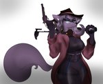 anthro black_bodysuit black_clothing black_skinsuit blue_eyes bodysuit breasts clothed clothing colored_nails eyewear female fur glasses gloves_(marking) gun handgun hat headgear headwear holding_gun holding_object holding_ranged_weapon holding_weapon jacket looking_at_viewer markings medium_breasts nails open_clothing open_jacket open_topwear pistol purple_body purple_fur ranged_weapon red_clothing red_jacket red_topwear rifle simple_background skinsuit solo tight_clothing topwear weapon white_background white_nails huegirl19 canid canine fox mammal hi_res