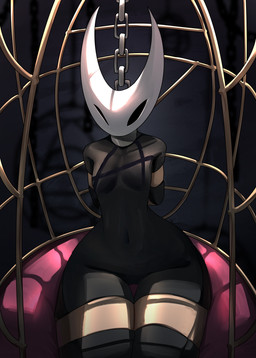 bdsm black_arms black_body black_legs bottom_heavy breasts caged chain collar featureless_breasts female front_view genitals gibbet hands_behind_back huge_hips kneeling metal_chain metal_collar navel non-mammal_breasts non-mammal_navel non-mammal_vulva one_eye_closed restrained shadow sitting sitting_on_pillow slave small_waist solo thick_thighs vulva white_head wide_hips wince nick_noah hollow_knight:_silksong hollow_knight_(franchise) team_cherry hornet_(hollow_knight) arachnid arthropod humanoid spider absurd_res hi_res