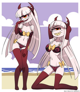 1_eye accessory armwear beach bikini bow_(feature) bow_bikini breasts cleavage clothed clothing cloud elbow_gloves fake_horns female freckled_face freckles gloves grin hair hair_accessory hairband hands_behind_head handwear horned_hairband kneeling knock-kneed legwear long_hair multiple_poses navel not_furry pose red_armwear red_bikini red_clothing red_elbow_gloves red_gloves red_handwear red_legwear red_stockings red_swimwear red_thigh_highs sea sharp_teeth sky small_waist smile solo stockings swimwear teeth thigh_gap thigh_highs two-piece_swimsuit water white_hair barryfactory suzie_(barryfactory) cyclops demon humanoid 2021 absurd_res hi_res