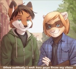 anthro blonde_hair blue_eyes canid canine clothed clothing comic digital_media_(artwork) domestic_ferret duo english_text fox green_eyes hair hi_res iskra male mammal marcel_the_ferret mustelid musteline outside plant shaded text tree true_musteline weasel