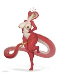 anthro big_breasts breasts clothed clothing female fingers genitals heart_symbol nipples non-mammal_breasts non-mammal_nipples nude one_leg_up panties panties_down partially_clothed prehensile_tail pussy raised_leg red_body simple_background slightly_chubby smile snake_hood solo tail tongue tongue_out underwear underwear_down white_background goldmikun zivvles cobra reptile scalie snake absurd_res hi_res signature