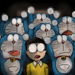 anthro bell black_hair blue_body blue_fur clothing collar eyewear front_view fur glasses group hair machine male mouth_closed no_pupils open_mouth pouch_(anatomy) raised_arms red_collar red_nose shirt standing tongue topwear whiskers white_body white_fur yellow_clothing yellow_shirt yellow_topwear mt_tg doraemon doraemon_(character) nobita_nobi domestic_cat felid feline felis mammal robot 1:1 2019 shaded