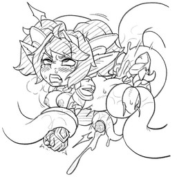 bodily_fluids breasts cum ejaculation genital_fluids genitals gynomorph intersex not_furry orgasm orgasm_face penetration penis sex shortstack shortstack_gynomorph shortstack_intersex solo tentacle_sex tentaclejob tentacles bee_haji league_of_legends riot_games tencent poppy_(lol) yordle 1:1 digital_media_(artwork) monochrome