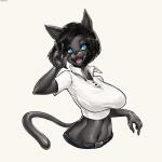 5_fingers anthro belt big_breasts black_body black_fur black_hair black_nose blue_eyes breasts clothed clothing female fingers fur glistening hair looking_at_viewer navel open_mouth shirt simple_background smile solo tongue topwear wide_hips hotbento monique_bellemare_(lildredre) domestic_cat felid feline felis mammal 1:1 2019 digital_media_(artwork) hi_res