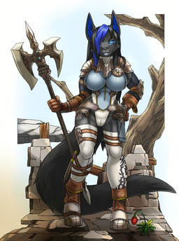 anthro armor armwear axe biped black_body black_fur black_hair blue_body blue_eyes blue_fur blue_hair boots breasts camel_toe clothed clothing dagger detailed_background double_bitted_axe elbow_gloves female fluffy fluffy_tail footwear front_view fur gloves greataxe hair handwear holding_object holding_weapon legwear melee_weapon multicolored_body multicolored_fur multicolored_hair open_mouth open_smile outside polearm shoes smile solo standing tail teeth thigh_gap two_tone_body two_tone_fur two_tone_hair weapon link2004 canid canine canis fox mammal wolf digital_media_(artwork) full-length_portrait hi_res portrait shaded