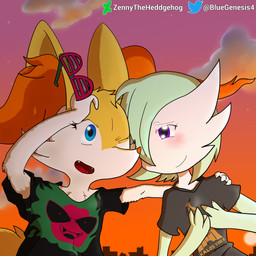 anthro blue_eyes blush city cityscape clothing duo ear_tuft eyewear fangs female glasses hug loving_gaze shirt sunset t-shirt teeth topwear tuft zennybluegenesis nintendo pokemon dusk_(zlewdomancer34) jade_(zlewdomancer34) braixen gardevoir gastly generation_1_pokemon generation_3_pokemon generation_6_pokemon pokemon_(species) 1:1 absurd_res digital_drawing_(artwork) digital_media_(artwork) hi_res