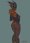 aka6 black_sclera brown_body butt clothed clothing elemental_creature elemental_humanoid female flora_fauna grey_background guild_wars humanoid humanoid_pointy_ears leaf leaves_in_hair not_furry orange_eyes plant plant_humanoid pose pseudo_hair simple_background solo sylvari underwear