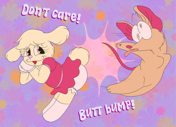 anthro bloomers bottomwear brown_body brown_fur clothed clothed_female clothing dress duo female floral_background flower fur gloves handwear knee_highs legwear nude open_mouth open_smile orange_eyes pink_nose plant red_clothing red_dress smile swirl_eyes tail text white_clothing white_gloves white_handwear yellow_body yellow_fur young young_female saltypupcake canid canine canis domestic_dog mammal murid murine rat rodent digital_media_(artwork) english_text hi_res