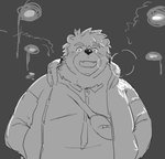 anthro belly biped clothing cute_fangs fangs kemono male overweight overweight_anthro overweight_male shirt solo teeth topwear chisa_sa bear mammal 2020 monochrome sketch