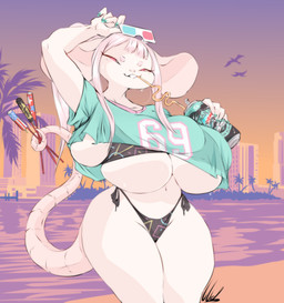 3d_glasses anthro bangs big_breasts big_ears bikini breast_squish breasts clothing crop_top drinking drinking_straw eyewear female front_view glasses hair holidays huge_breasts hyper hyper_breasts pink_hair pose prehensile_tail red_eyes shirt silly_straw solo sparkler squish standing sunset swimwear tail thick_thighs topwear two-piece_swimsuit dullvivid 4th_of_july gta_vi_cover_girl kimberly_(dullvivid) mammal mouse mousemallow murid murine rodent hi_res pinup