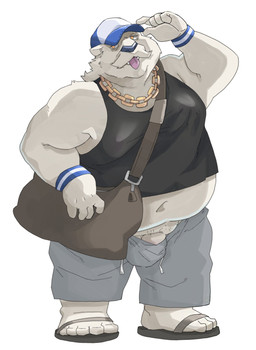 anthro belly big_belly biped bottomwear clothing footwear genitals hat headgear headwear kemono male navel overweight overweight_male pants penis sandals shirt shoes solo tongue tongue_out topwear bluewhale127 bear mammal polar_bear ursine 2026 hi_res