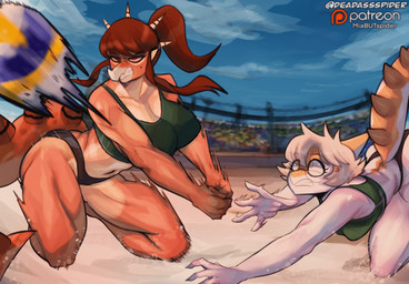 5_fingers anthro ball beach big_breasts big_tail blonde_hair blue_sky bone_frill breasts brown_hair curvy_figure day duo eyelashes eyewear facial_horn female fingers freckled_face freckles frill_(anatomy) glasses hair head_spikes horn huge_hips huge_thighs long_hair long_tail multicolored_body multicolored_scales navel nose_horn orange_body orange_eyes orange_scales outside patreon_logo ponytail scales short_hair sky spiked_tail spikes spikes_(anatomy) sport sunburn tail tan_body tan_scales text thick_thighs two_tone_body two_tone_scales volleyball volleyball_(ball) volleyball_uniform voluptuous voluptuous_anthro voluptuous_female voluptuous_humanoid white_body white_scales wide_hipped_anthro wide_hipped_female wide_hipped_humanoid wide_hips yellow_eyes deadassspider third-party_edit cavemanon_studios patreon snoot_game maria_(snoot_game) melissa_(snoot_game) aquilops ceratopsian dinosaur hadrosaurid marginocephalian ornithischian ornithopod parasaurolophus prehistoric_species reptile scalie 2025 artist_name digital_drawing_(artwork) digital_media_(artwork) hi_res watermark