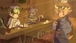 anthro asian bar beverage clothing coin cozy group male male/male management suit tea warm_lighting working young roralon_(artist) chai canid canine canis cervine deer domestic_cat domestic_dog felid feline felis mammal sika_deer 16:9 hi_res warm_colors widescreen