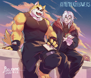 anthro biceps black_eyes blue_eyes bottomwear clothing duo fangs fingerless_gloves food fur gloves hair handwear jacket male muscular muscular_male pants pecs sandwich_(food) scar shirt sitting sky smile tail tank_top teeth topwear white_hair yellow_body yellow_fur bo_ranus remember_the_flowers cooper_krager cyrus_(remember_the_flowers) canid canine canis human mammal wolf hi_res