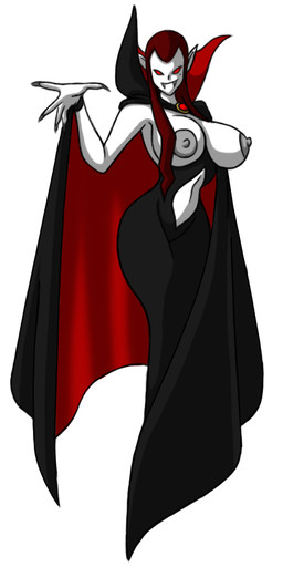 alternative_fashion big_breasts breasts cape clothing female glowing glowing_eyes goth hair long_hair looking_at_viewer nipples not_furry red_eyes smile solo teeth trad_goth v_bangs lordstevie undead vampire