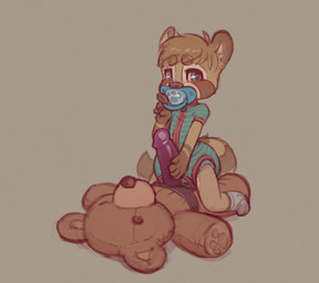 anthro baby_bodysuit blush clothing diaper diaper_under_clothing dildo footwear knock-kneed legwear male onesie pacifier plushie plushophilia sex_toy snapsuit socks solo strapon strapon_on_plushie suggestive teddy_bear toddler young young_anthro skidoo canid canine canis domestic_dog mammal digital_media_(artwork)