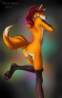 anthro brown_nose butt clothing female fur genitals glistening glistening_eyes green_eyes hair humanoid_genitalia humanoid_vulva legwear mostly_nude mouth_closed orange_body orange_fur red_hair side_view simple_background solo text vulva white_body white_fur msdeadsoul canid canine mammal 2017 absurd_res artist_name dated hi_res