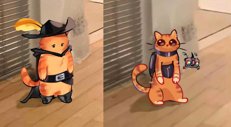 anthro belt big_eyes boots cape chibi clothing duo footwear fur harness hat headgear headwear inside machine male orange_body orange_fur photo_background semi-anthro shoes standing whiskers crying_anabell dreamworks puss_in_boots_(franchise) stray_(video_game) b-12_(stray) murtaugh_(stray) puss_in_boots_(dreamworks) domestic_cat felid feline felis mammal robot tabby_cat hi_res photography_(artwork)