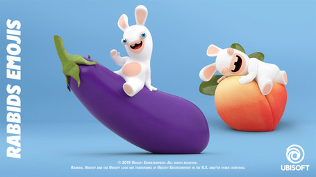 ambiguous_anthro ambiguous_gender anthro bent_arm blue_background blue_eyes duo eggplant eyes_closed featureless_legs food fruit fur happy light long_ears lying_on_food mitten_hands multicolored_body no_eyebrows noseless nude_ambiguous nude_anthro open_mouth open_smile pawpads peach_(fruit) plant red_tongue short_legs simple_background sitting_on_food sitting_on_object smile smiling_at_viewer tan_eyelids tan_pawpads text tongue two_tone_body white_body white_fur perrine_lozinguez raving_rabbids rayman_(series) ubisoft lagomorph mammal rabbid 16:9 2019 3d_(artwork) autodesk_maya_(artwork) colored dated digital_media_(artwork) english_description english_text hi_res lighting official_art shaded substance_painter_(artwork) widescreen zbrush_(artwork)