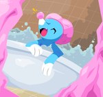 ambiguous_gender bath bathing_cap bathtub blue_body bubble bubble_bath eyelashes eyes_closed fangs feral happy open_mouth solo teeth sleepy_sealion nintendo pokemon brionne generation_7_pokemon pokemon_(species) 2024 absurd_res dated hi_res signature