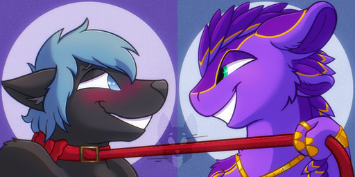 4_ears anthro biped black_body black_ears black_fur blue_eyes blue_hair blush collar duo eye_contact feathers fur green_eyes hair leash leash_pull leashed_collar looking_at_another male multi_ear no_pupils pupils purple_body purple_ears purple_feathers purple_inner_ear red_blush red_bow red_leash teeth strawberrymilkdog mochi_(icanhazbrgr) avali canid canine canis domestic_dog mammal 2:1 hi_res icon