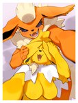 5_fingers anthro blush border breasts duo featureless_breasts female fingers front_view fur looking_at_viewer neck_tuft nude nude_anthro nude_female open_mouth orange_body orange_fur simple_background teeth tongue tuft white_border yellow_body yellow_fur kame_3 nintendo pokemon eeveelution flareon generation_1_pokemon jolteon pokemon_(species) 2025 digital_media_(artwork) hi_res