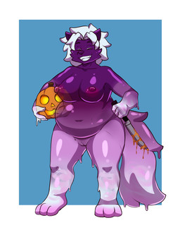 anthro belly big_nipples breasts candy curvy_figure dairy_products dessert dripping eyes_closed female food front_view fruit gelatin genitals goo_body goo_drip gradient_body hair holding_object holding_weapon holidays jack-o'-lantern knife nipples nude overweight overweight_female paws plant pumpkin purple_body purple_ears purple_nipples slightly_chubby slime smile solo translucent translucent_body vulva weapon whipped_cream white_hair zairuz halloween jell-o lilithdog canid canine goo_creature goo_humanoid humanoid mammal hi_res intersex_(lore)