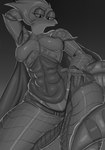 abs anthro armor female hand_behind_head hand_on_hip muscular muscular_anthro muscular_female solo unconvincing_armor tayronnebr amphibia_(series) disney general_yunan amphibian newt salamander absurd_res greyscale hi_res monochrome