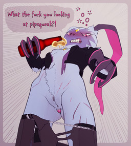 alcohol anal anal_penetration angry anthro beer beverage blood blue_body blue_fur bodily_fluids body_hair bottle bottomwear breasts bubble buttplug buttplug_in_ass buttplug_insertion claw_marks claws clothing container dialogue drunk drunk_bubble fangs female fur genitals happy_trail holding_bottle holding_container holding_object jacket looking_at_viewer low-angle_view object_in_ass penetration pink_eyes plug_(sex_toy) plug_in_ass plug_insertion profanity scar scratches sex_toy sex_toy_in_ass sex_toy_insertion showing_teeth skirt solo speech_bubble standing substance_intoxication talking_to_viewer teeth text topwear torn_clothing vulva dlrp99 nintendo pokemon generation_8_pokemon pokemon_(species) sneasler colored english_text hi_res signature