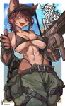 abs anthro assault_rifle big_breasts blue_eyes bottomwear bra breasts brown_body brown_fur brown_hair clothed clothing female female_anthro fingerless_gloves freckled_breasts freckles fur gesture gloves gun hair hand_gesture handwear hat headgear headwear holding_gun holding_object holding_ranged_weapon holding_weapon kemono looking_at_viewer m16 m16a2 military muscular muscular_anthro muscular_female open_mouth pants ranged_weapon rifle skimpy soldier solo thong_straps thumbs_up topwear underwear warrior weapon iepelppa canid canine mammal absurd_res hi_res