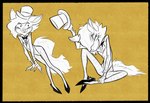 anthro bow_tie clothing female footwear freckles hat headgear headwear high_heels leggings legwear leotard pumps shoes sitting solo top_hat lenyavok oriana_thaffer canid canine canis mammal wolf 2021 hi_res