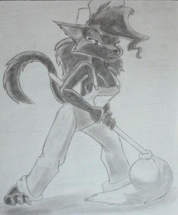 anthro barefoot biped black_body black_fur breasts claws cleaning_tool clothed clothing feet female frown fur hair hat headgear headwear long_hair looking_at_viewer mop overalls solo working plejman darke_katt domestic_cat felid feline felis mammal black_and_white graphite_(artwork) monochrome traditional_media_(artwork)
