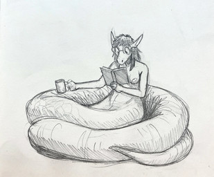 anthro apode areola breasts coiling ear_piercing ear_ring eyewear female glasses legless nipples nude piercing reading ring_piercing serpentine solo split_form glopossum mythology red_(glopossum) draconcopode dragon hybrid lamia mythological_creature mythological_scalie reptile scalie snake 2026 sketch nonbinary_(lore) trans_(lore)