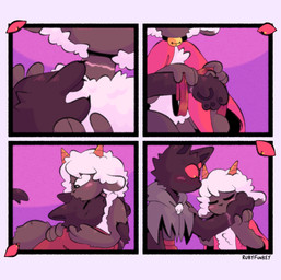 2_horns 4_panel_comic ambiguous_anthro ambiguous_gender anthro bell bell_collar black_body black_fur blush clothed clothed_anthro clothing collar duo fur horn hug neck_scar red_eyes text white_body white_fur white_wool wool_(fur) wrist_scar rubyfunkey cult_of_the_lamb massive_monster_(studio) lamb_(cult_of_the_lamb) narinder bovid caprine domestic_cat felid feline felis mammal sheep artist_name comic hi_res