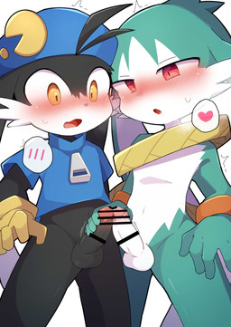 5_fingers anthro anthro_on_anthro balls biped black_body black_fur black_penis blue_balls blue_clothing blue_hat blue_headwear blue_shirt blue_topwear blush blush_lines blushing_profusely bodily_fluids bottomless bottomless_anthro bottomless_male censor_bar censored_genitalia censored_penis cheek_tuft clothed clothed_anthro clothed_male clothing duo erection facial_tuft fingers floppy_ears foreskin frottage fur genitals glans glistening glistening_eyes gloves green_body green_fur hand_on_own_penis hand_on_penis handwear hat headgear headwear heart_symbol humanoid_genitalia humanoid_penis long_ears looking_down lop_ears male male/male male_anthro mismatched_genitalia mismatched_humanoid_penis mismatched_penis multicolored_body multicolored_fur multicolored_penis nude nude_anthro nude_male open_mouth orange_clothing orange_gloves orange_handwear orange_wristband partially_retracted_foreskin penile penis penises_touching pink_glans pink_nose pink_penis red_eyes sex shaking shirt simple_background small_nose speech_bubble sweat tongue topwear tremble_spikes trembling tuft two_tone_body two_tone_fur two_tone_penis white_background white_balls white_body white_fur white_penis wristband yellow_clothing yellow_eyes yellow_gloves yellow_handwear young young_anthro young_male zipper fermata_suzuka bandai_namco klonoa_(series) king_of_sorrow klonoa domestic_cat felid feline felis mammal 2026 absurd_res censored digital_media_(artwork) hi_res