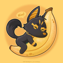 anthro banana black_body black_ears black_fur black_tail chibi eyes_closed food fruit fur happy hug male plant raised_tail solo tail text littlehyper egyptian_mythology middle_eastern_mythology mythology pixile_studios super_animal_royale anubis hunk_bisanu_(littlehyper) anubian_jackal canid canine canis deity jackal mammal 1:1 english_text