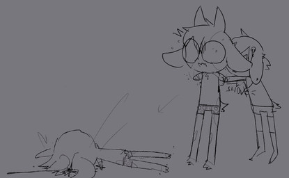 amputee anthro blood bodily_fluids briefs clothing disability duo eyewear glasses grey_background male missing_all_arms push round_glasses simple_background underwear wounded bravobunny bravo_(bravobunny) bovid bovine cattle lagomorph leporid mammal rabbit 2021 greyscale hi_res monochrome sketch