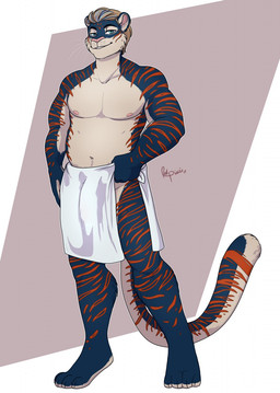 anthro fur hair looking_at_viewer male muscular muscular_anthro muscular_male nipples smile solo standing towel redpixie cobalt_arkright_(thecobalttiger) felid mammal pantherine tiger hi_res