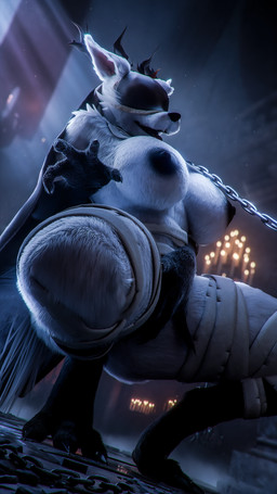 3_toes 5_fingers anthro antlers areola aroused bandage big_breasts big_butt black_areola bleak_ambiance bound breasts butt chain chain_leash chained chained_collar chest_tuft claws collar creepy crouching curvy_figure detailed_background detailed_fur detailed_hair duo feet female female_anthro fingers fur genitals gloves_(marking) hair happy horn huge_breasts inner_ear_fluff leash leashed_collar leg_markings looking_at_viewer looking_down markings mature_anthro mature_female neck_tuft nude open_mouth realistic_fur scary sharp_teeth smile socks_(marking) solo spread_legs spreading teeth thick_thighs toe_claws toes tongue tongue_out touching_pussy touching_self tuft volumetric_lighting voluptuous white_body white_fur white_hair wide_hips nudaya furromantic_(modeler) bloodborne fromsoftware mythology sony_corporation sony_interactive_entertainment vicar_amelia beast_(bloodborne) canid canine canis mammal monster mythological_canine mythological_creature werecanid werecanine werecreature werewolf wolf 2025 3d_(artwork) 9:16 detailed digital_media_(artwork) hi_res