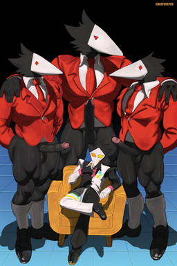anthro balls black_body black_feathers bottomless bottomless_male butler clothed clothing erection feathers genitals glans group male male/male muscular muscular_anthro muscular_male necktie penis quads sitting suit suit_jacket trio vein veiny_penis cheepdeeper deltarune undertale_(series) swatch_(deltarune) avian darkner swatchling hi_res