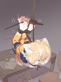 4_toes 5_fingers ahoge ankles_tied anthro asphyxiation bagging bangs bdsm black_nose blue_bottomwear blue_clothing blue_shirt blue_shorts blue_topwear bodily_fluids bondage bottomwear bottomwear_down bound brick brick_wall brush brushing_feet bunny_slippers chair circle_eyebrows clothed clothing convenient_censorship crying crying_laughing discarded_footwear emanata eraser eyebrow_through_hair eyebrows eyes_closed feet fingers foot_fetish foot_focus foot_play fur furniture grey_background hair hands_behind_back hands_tied hands_tied_behind_back hanging_by_feet imminent_death inner_ear_fluff kerchief laugh male naturally_censored open_mouth orange_body orange_ears orange_fur orange_hair partially_clothed pawpads pink_pawpads restraints rope rope_around_neck rope_bondage rope_harness school_uniform shadow shirt shorts shorts_down simple_background solo table tail tail_between_legs tail_censorship tears teeth_showing text textbook tickle_torture tickling tickling_feet toes tongue topwear torture translucent translucent_hair tuft uniform wall_(structure) white_body white_eyebrows white_fur white_inner_ear_fluff white_kerchief white_paws young young_anthro young_male teien domestic_cat felid feline felis mammal absurd_res chinese_text hi_res signature