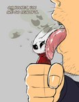 2022 bad_breath bodily_fluids cursed_image digital_media_(artwork) duo e254e english_text female hollow_knight hornet_(hollow_knight) human licking male mammal open_mouth saliva saliva_on_face saliva_on_tongue size_difference smaller_female team_cherry text tongue tongue_out ugly_bastard what