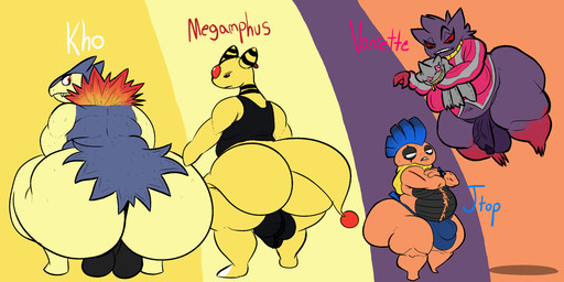 anthro balls big_bulge big_butt black_balls blue_clothing blue_jockstrap blue_underwear body_hair bracelet bulge butt chest_hair clothing crouching eyebrows fangs genitals group gynomorph half-closed_eyes holding_object holding_plushie huge_bulge huge_butt hyper hyper_butt intersex jewelry jockstrap male narrowed_eyes plushie rear_view red_eyes red_sclera scar shortstack shortstack_gynomorph shortstack_intersex shortstack_male spiked_bracelet spikes teeth text thick_eyebrows thick_thighs underwear wide_hips nauiho nintendo pokemon fan_character ampharos banette generation_1_pokemon generation_2_pokemon generation_3_pokemon generation_5_pokemon gengar pokemon_(species) scrafty typhlosion 2:1 digital_drawing_(artwork) digital_media_(artwork) english_text hi_res